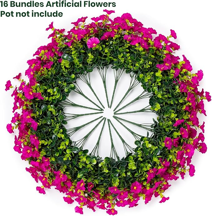 Nigirior Artificial Faux Flowers for Outdoor 16 Bundles Boxwood Fake Morning Glory for Planter,UV Resistant Fake Flowers for Home Porch Patio Outside（Magenta）