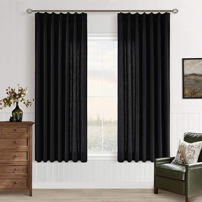 Black Semi Sheer Pinch Pleated Linen Curtains 63 Inch Long for Bedroom | Light-Filtering Privacy, Bay Window, Flax Faux Textured, Pinch Pleat Hook Rings Memory Shape, Luxury Elegant, 63 inch Length