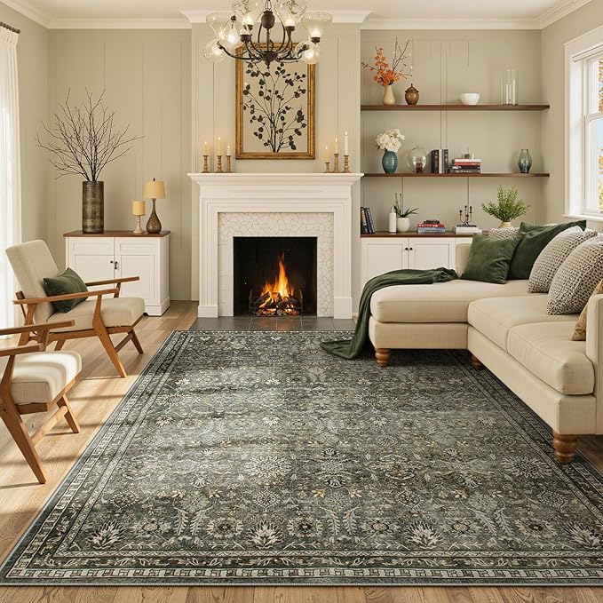 Lahome 5x7 Boho Bedroom Area Rug,Soft Vintage Washable Rugs for Living Room,Non Shedding Disdressed Floor Carpets for Home Decor Dining Room,Dark Olive Green | Disdressed Soft Non Shedding Floor Carpets for Dining Room