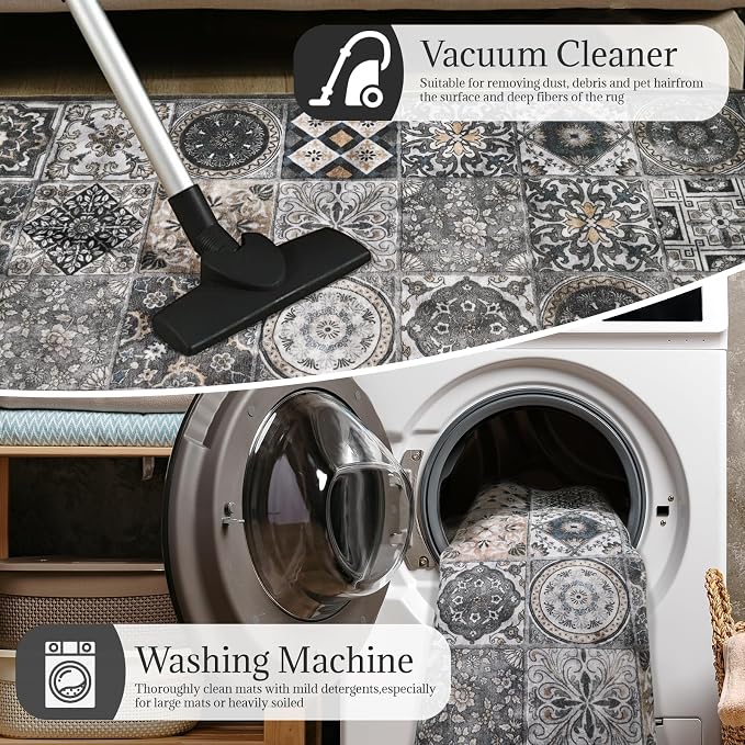 Washable Entryway Rug 3'x5 Non-Slip Backing Vintage Indoor Rug Low Pile Lighrweight Carpet for High-Traffic Indoor Entrance & Kitchen Farmhouse Decor