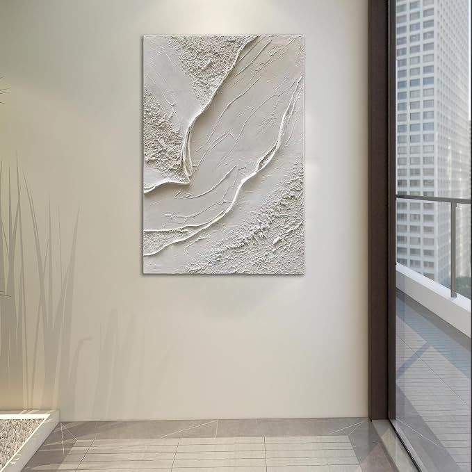 NANKAI Art Hand-Drawn 45x30 inch White Textured Art Oil Painting in Modern Large Abstract Style, Suitable as a Home Office Wall Decoration