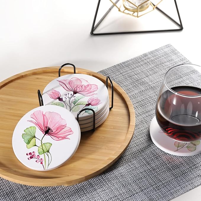 Drink Coasters for Drinks Set of 6, Watercolor X-ray Roses and Eucalyptus Absorbent Round Ceramic Stone Mat Coaster, with Cork Base and Metal Holder, Home Bar Decor House Warming Gift