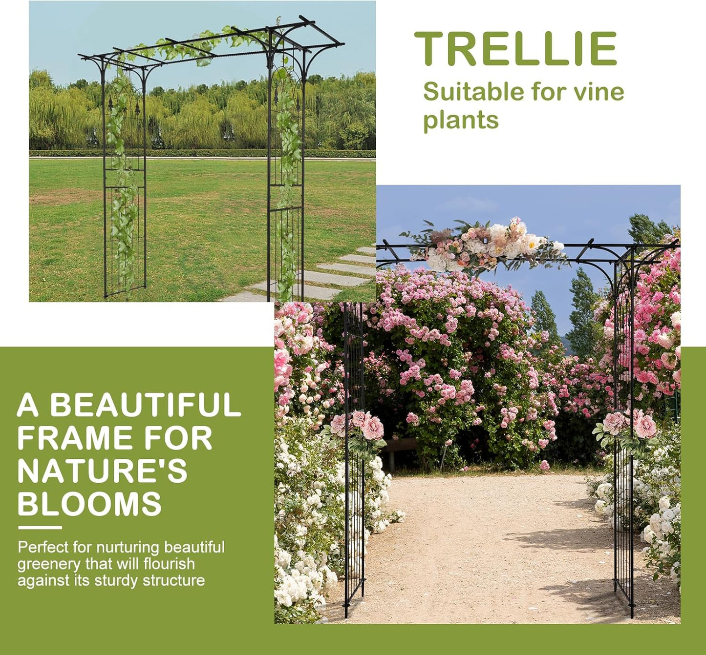 Outvita 7Ft Garden Arch Arbor, Steel Frame Stand Trellis, Arbour Archway for Wedding Ceremony Decoration Plant Climbing Rose Vines Lawn Courtyard Patio Pathway Black