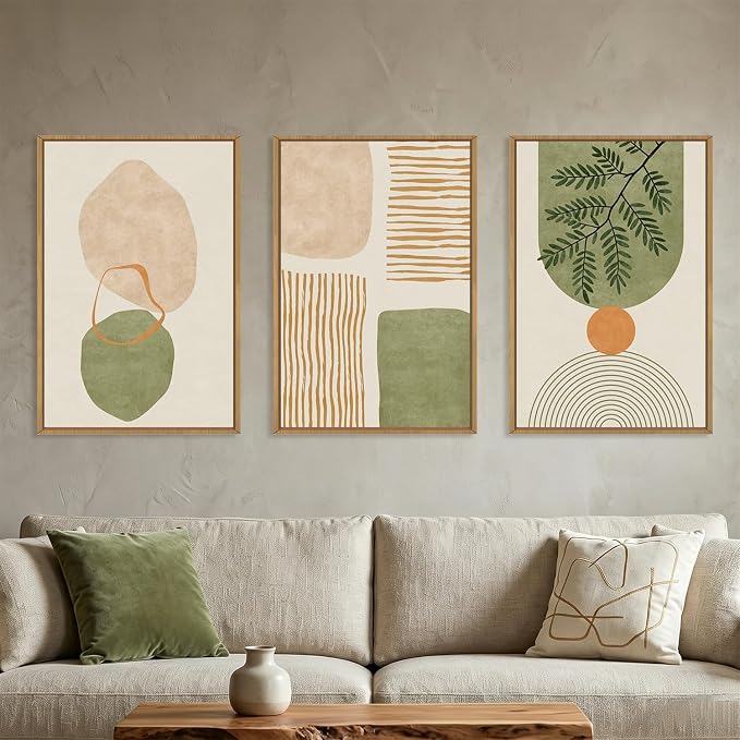 Large Boho Sage Green Framed Canvas Wall Art Set,Abstract Minimalist Geometric Line Wall Decor,Modern Mid Century Beige Leaf Artwork for Living Room,Bedroom,Dining Room,Office-24 x36 x3