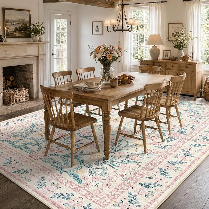 Wonnitar Floral Large Rugs for Living Room, Soft Light Pink Rug Washable 9x12 Carpet Non Slip, Boho Foldable Non-Shedding Kids Carpet for Bedroom Girls Nursery Dorm Playroom