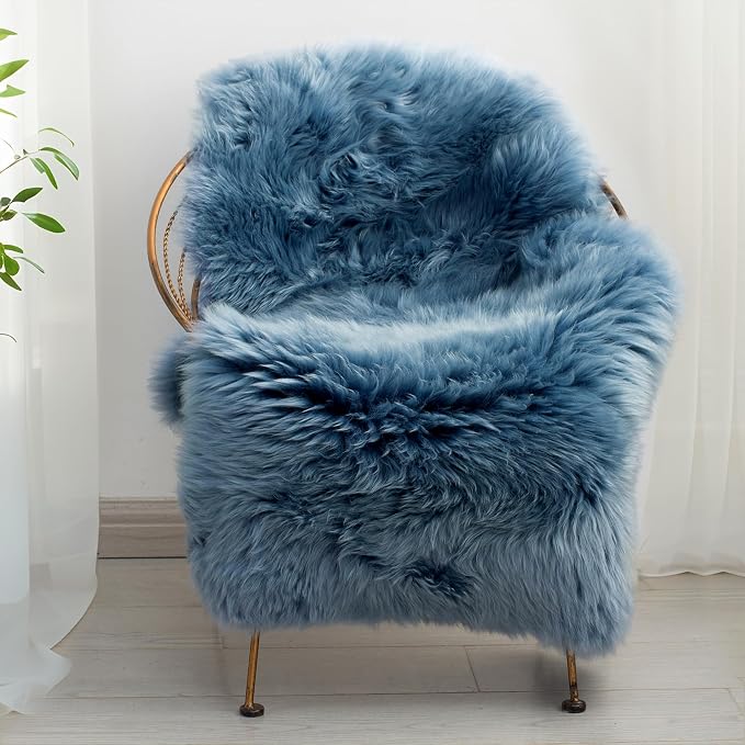 Premium Genuine Sheepskin Area Ruge - Real Wool Fur Shaggy Carpet | Fluffy Soft Natural Lambskin Rug Seat Chair Covers for Couch Sofa Bedroom Living Room(Dusty Blue,2×3 Feet Sheepskin)
