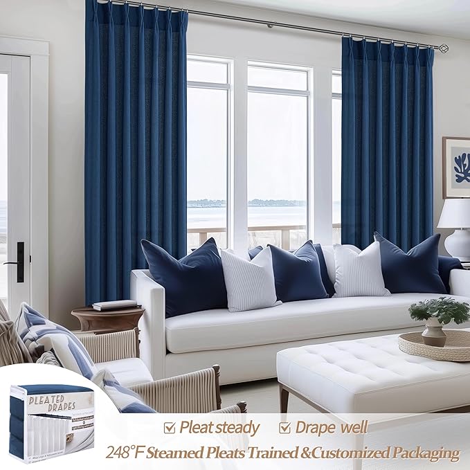 Pleat Sheer Denim Blue Curtains 84 Inch Length 2 Panels Set for Living Room, Elegant Pinch Pleated Textured Linen Drapes Light Filtering Boys Kids Room Window Burg with Hooks(40 x 84 Inches Navy Blue)