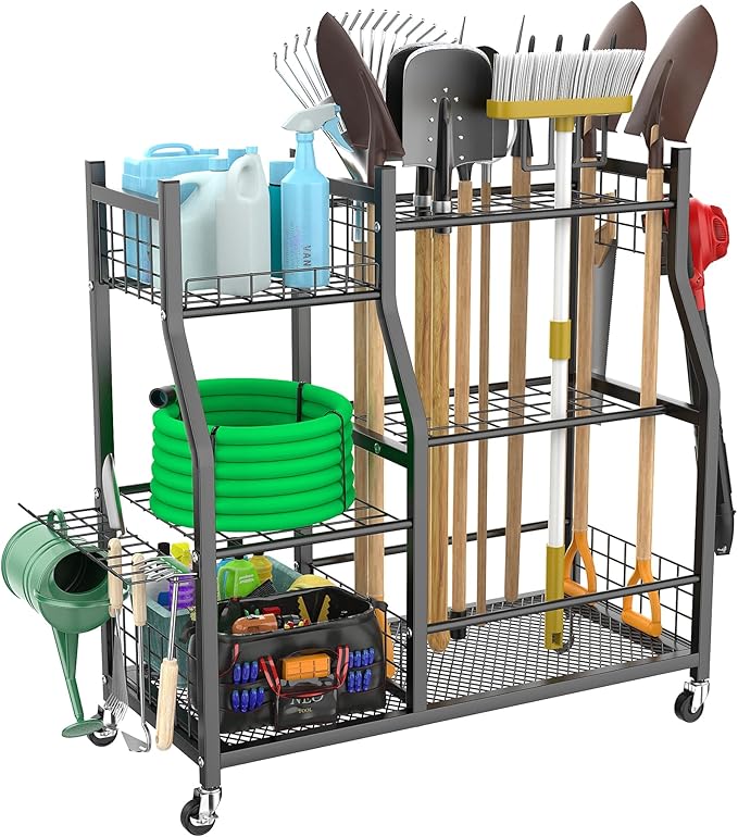 WALMANN Garden Tool Organizer with Wheels for Garage, Large Storage Capacity, Rakes/Shovels/Yard Tools Storage Stand for Shed, Garden, Indoor/Outdoor Long-Handled Tools Rolling Cart