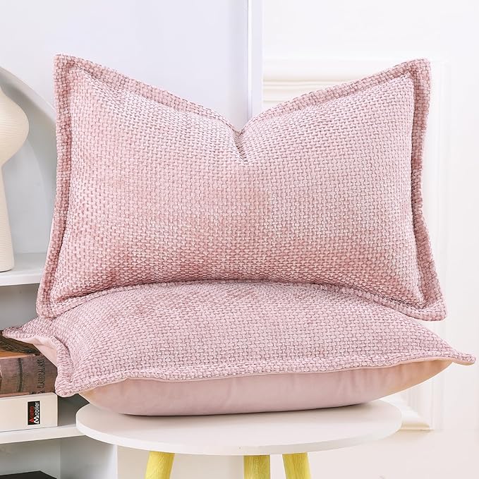 MADIZZ Decorative Chenille Velvet Throw Pillow Covers Set of 2 Soft Boho Textured Neutral Couch Throw Pillow for Bed Modern Farmhouse Home Decor for Sofa Livingroom Pink 12x20 Inch