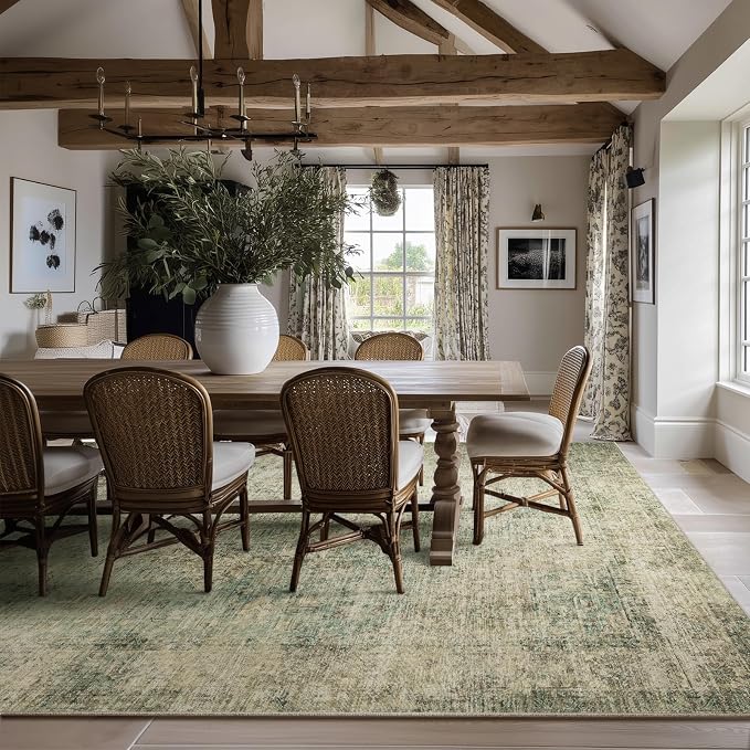 Machine Washable Rugs for Living Room: 9x12 Area Rugs for Bedroom Ultra Soft Non-Slip Low Pile Vintage Distress Boho Large Carpet for High-Traffic Dining Room - Farmhouse Decor