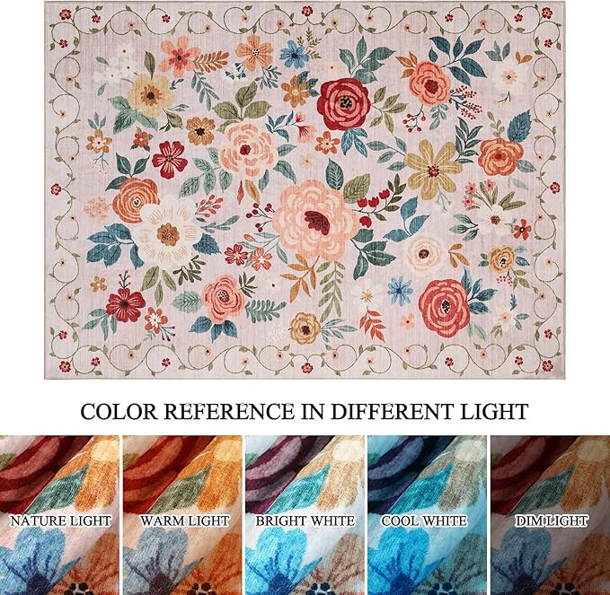 DUKINO 6x9 Area Rug, Floral Rugs for Living Room, Lightweight Non Slip Washable Rug, Indoor Low Pile & Non-Shedding Boho Design Rugs for Bedroom, Living Room, Dining Room, Beige