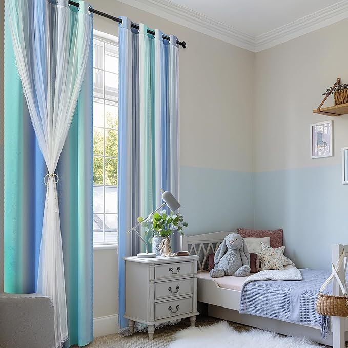 XiDi 100% Blackout Curtains for Girls Bedroom Living Room 96 Inch Length 2 Panels Kids Rainbow Blue Green Grey Mix & Match Double Layer Curtains with Sheer Overlay Grommet Window Drapes 52W x 96L