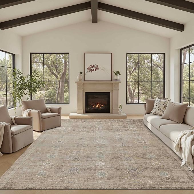 Rugxara 8x10 Area Rugs for Living Room, Large Washable Rug, Beige Vintage Retro Boho Style, Non Slip & Low Pile Faux Wool Carpet for Indoor Dining Room, Bedroom, Dorm, Classroom and Kids Room