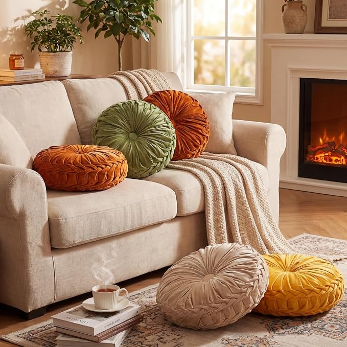 Drydiet 4 Pcs Round Throw Velvet Pillows Decorative Pleated Throw Pillows Diameter Accent Pumpkin Boho Chair Cushion for Couch Sofa Home Decoration (Fall Color,15'')