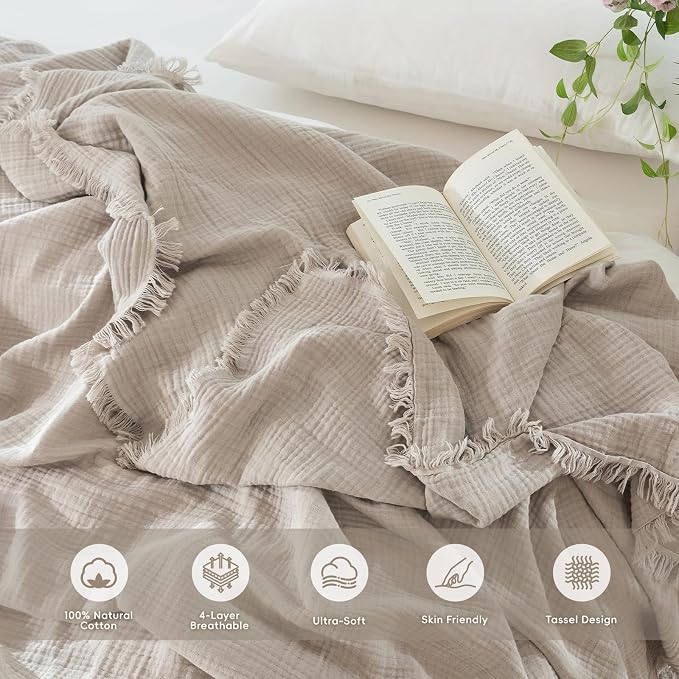 MooMee Muslin Blanket - 100% Cotton 4-Layer Gauze Throw Blanket with All-Around Fringe, Soft Breathable Lightweight Cooling Summer Blankets for Bed Couch (Cream Grey,Oversize Queen 98" x 98")