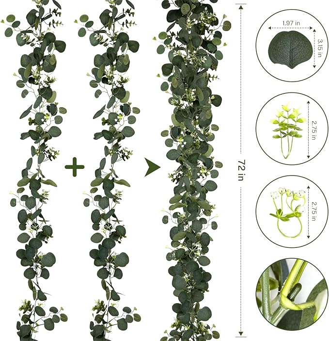 YIJXPOIN 6Pcs Eucalyptus Garland, 6FT Green Flower Garland Decor, Artificial Faux Eucalyptus Leaves Greenery Vines for Table Runner Wedding Bedroom Mantle Centerpieces Backdrop Decorations