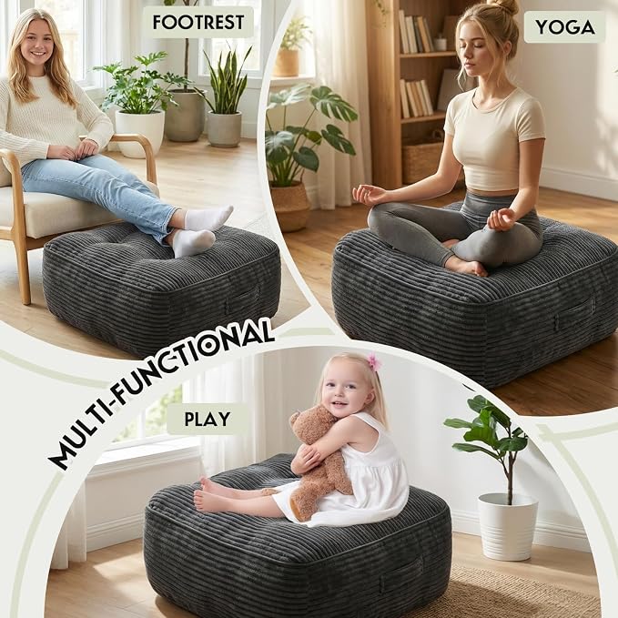 11" Thick Washable Floor Pillow for Adults, Yoga & Meditation Cushion with Handle, Square Large Pillows Seating with Removable Tufted Corduroy Cover for Tatami Living Room Board Games, Dark Gray