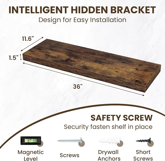 Acovy 36 Inch Floating Shelves for Wall Set of 2,12" Deep Floating Shelf Wall Mounted with Invisible Brackets,Rustic Bookshelf Wooden Storage Shelf for Living Room,Kitchen,Bathroom,Rustic Brown