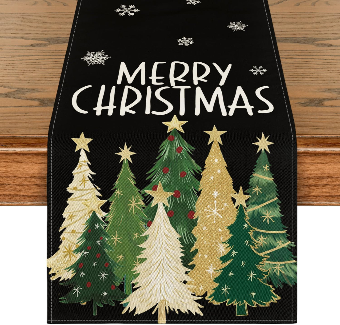 Artoid Mode Xmas Trees Snowflakes Black Merry Christmas Table Runner, Winter Seasonal Kitchen Dining Table Decoration for Home Party Decor 13x90 Inch