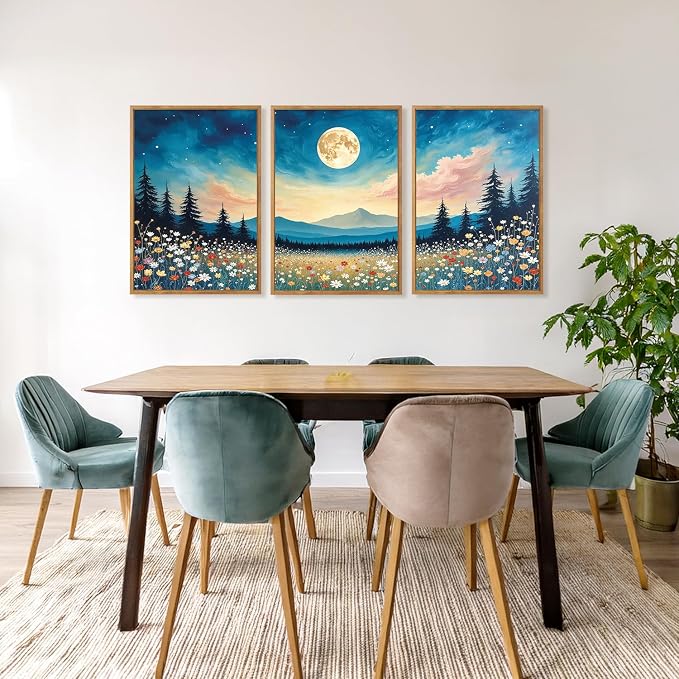 HOURIA 3Pcs Nature Mountain Forest Landscape Canvas Wall Art (16"x24"), Abstract Mystical Moonlight Wildflowers Wall Decor,Framed Colorful Wilderness Field Botanical Art Print for Bedroom Office Living Room Farmhouse
