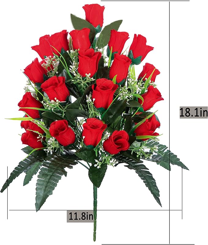 LVXINLI 2 Sets Artificial Cemetery Flowers,Outdoor Grave Decorations Roses,Beautiful Arrangements Bouquet with Cemetery Vase,Lasting and Non-Bleed Colors (Red)