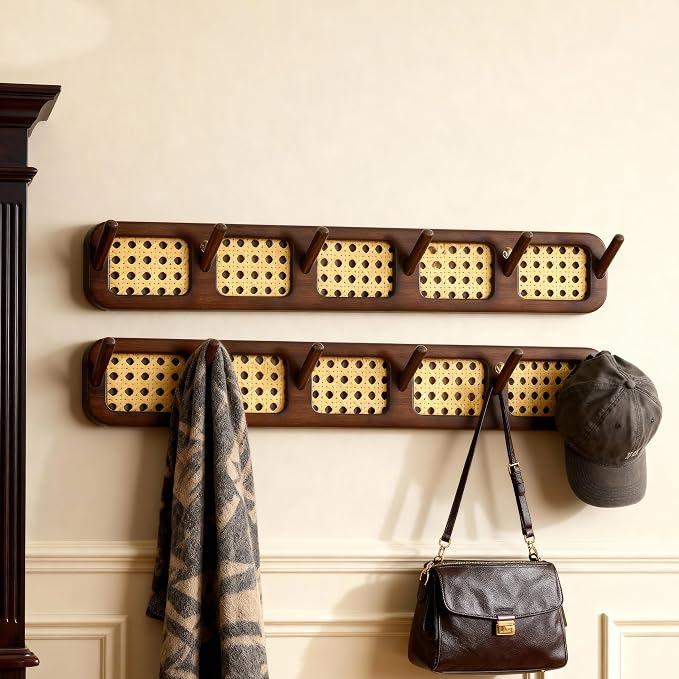 Coat Rack Wall Mount, Rattan Coat Hooks Hanger Wall Mounted | Wall Mount, For Hanging Clothes Hats Bags Jacket Towels Plants Rack Rail