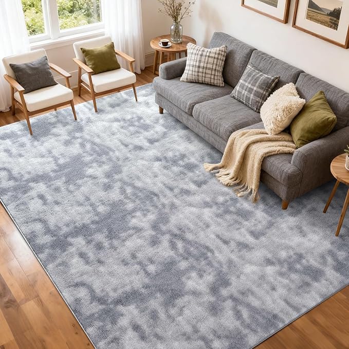 FinRèc 5x7 Washable Area Rugs for Bedroom Living Room, Low Pile Thin Ultra Soft Shag Rug, Non-Slip Carpet Indoor for Home Decor (Tie-dye Grey)