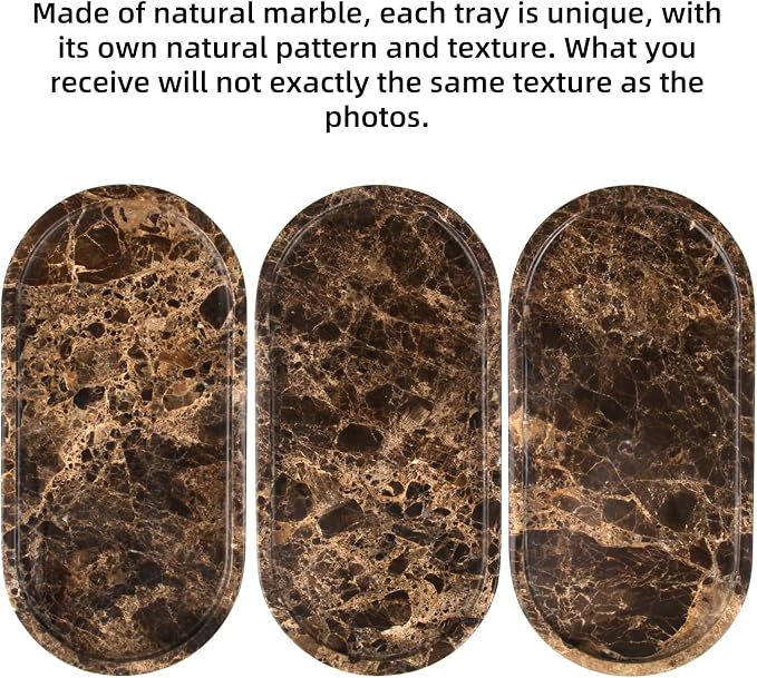 Oval Marble Bathroom Vanity Tray, Natural Luxury Marble Home Kitchen Bathroom Table Tray, Stone Decorative Countertop Tray for Coffee Perfume Jewelry (Dark Brown, 12" x 6" x 0.8")