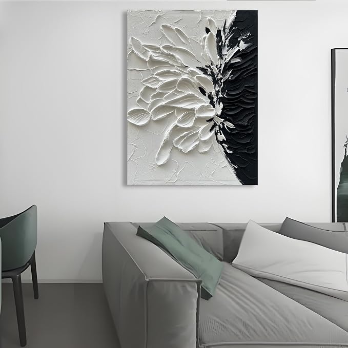 Hand-Painted White and Black Abstract Art 40x28 inches Modern Minimalist Home Office Wall Decorative Art