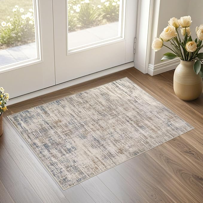 UERMEI 2x3 Washable Entryway Area Rug: Neutral Abstract Small Floor Carpet Soft Low Pile Non Slip Indoor Door Mat for Kitchen Hallway Stain Resistant for Pets and Kids Room Brown
