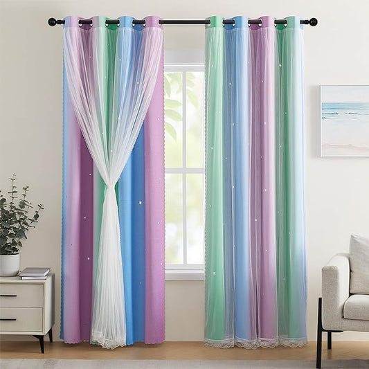 XiDi Blackout Curtains for Girls Bedroom Decor 45 inches Long Window Curtains Colorful Rainbow Design 2 Panel, Kids Room Unicorn Princess Theme Home Decor Ombre Drapes Green Purple Blue W34 X L45