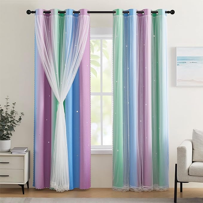 XiDi Green Purple Blue Curtains 84 Inches Long for Girls Bedroom 2 Panels Set, Blackout Rainbow Curtains for Kids Room Decor, Unicorn Wall Decals Drapes for Little Girl Nursery Room 34 Inches Wide