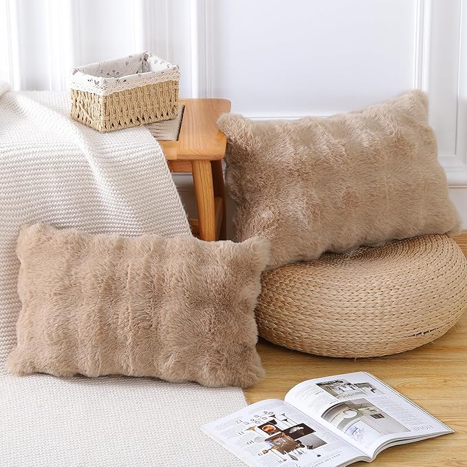 MADIZZ Pack of 2 Thick Plush Faux Wool Throw Pillow Covers Soft Boho Throw Pillows Luxurious Cushion Covers for Couch Sofa Bedroom Living Room Home Decor 12x20 Inch Camel