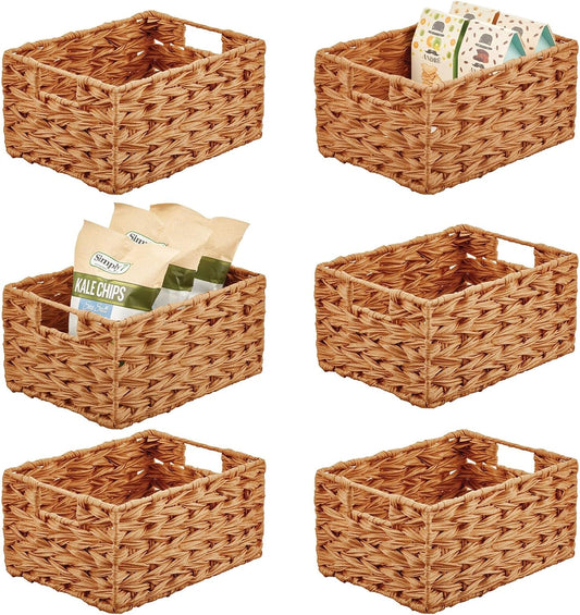 mDesign Woven Farmhouse Kitchen Pantry Food Storage Organizer Basket Bin Box - Container Organization for Cabinets, Cupboards, Shelves, Countertops - Store Potatoes, Onions, Fruit, 6 Pack, Camel Brown
