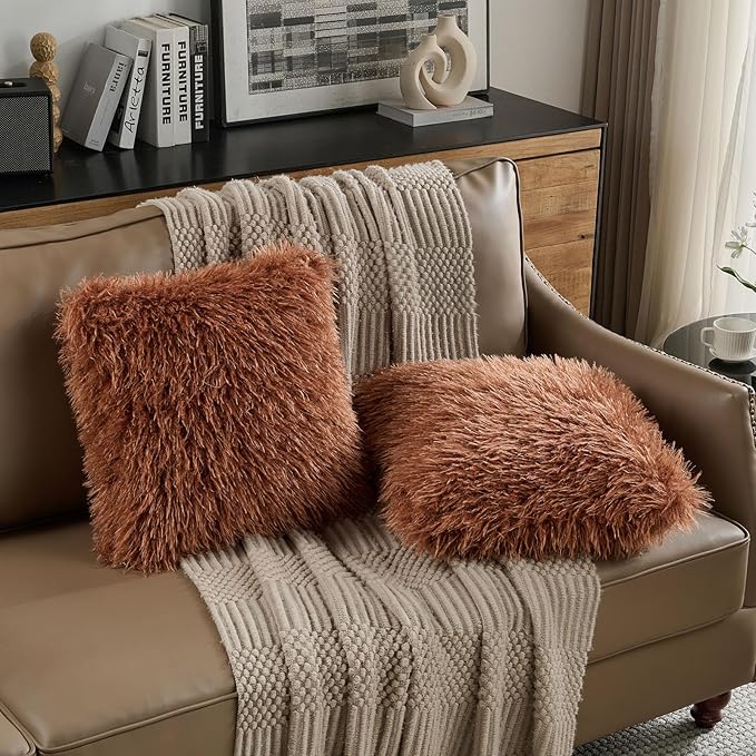 FUTEI Pack of 2 Shaggy Mongolian Faux Wool Throw Pillow Covers 18x18 Inch Soft Decorative Cushion Case for Couch Bed Living Room, Rust