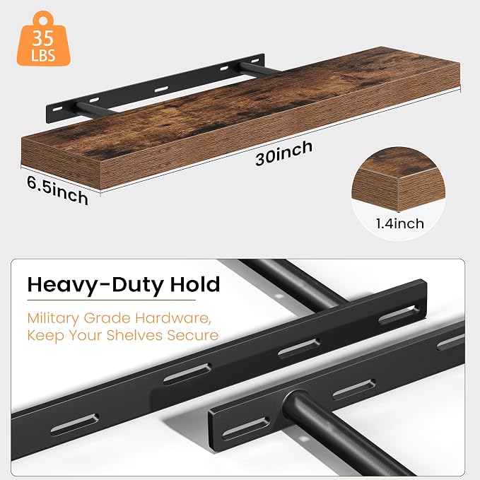 Fun Memories Floating Shelves for Wall, 30 Inch Set of 2 Rustic Wood Wall Shelves with Invisible Brackets, Heavy Duty Storage Display for Living Room Bedroom Kitchen, Brown