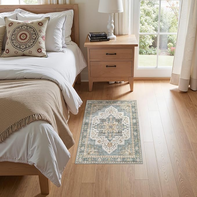 Tortania Area Rug 2x3 Doormat - Washable Vintage Oriental Farmhouse Soft Thin Indoor Carpet for Living Room Bedroom Hallway Entryway Kitchen - Muted Teal