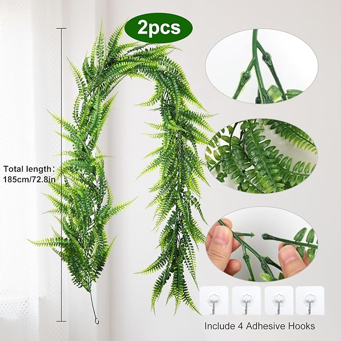 RECUTMS 2pcs Artificial Hanging Boston Ferns Garland Fake Hanging Plant 6 FT Greenery Leaves Ivy Garland Faux Ferns Fake Vines for Spring Outdoor Indoor Home Garden Party Wall Easter Decor