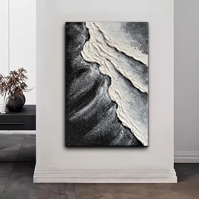 Creespi Hand Painted Black and White Abstract Canvas Wall Art 24x36 inch,Textured Ocean Wave Landscape Oil Painting Home Wall Decor