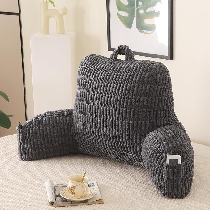 Reading Pillow for Sitting in Bed with Arm,Gray Corduroy,M | Sitting Pillow for Teens Back Support,17" Backrest Pillow Supports Reading,Gaming & Relaxing in Bed,Couch,or Floor