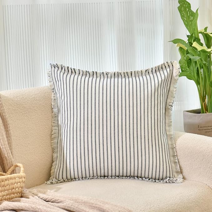 ZWJD Throw Pillow Covers 22x22 Set of 2 Striped Pillow Covers with Fringe Chic Cotton Decorative Pillows Square Cushion Covers for Sofa Couch Bed Living Room Farmhouse Decor, (Black)