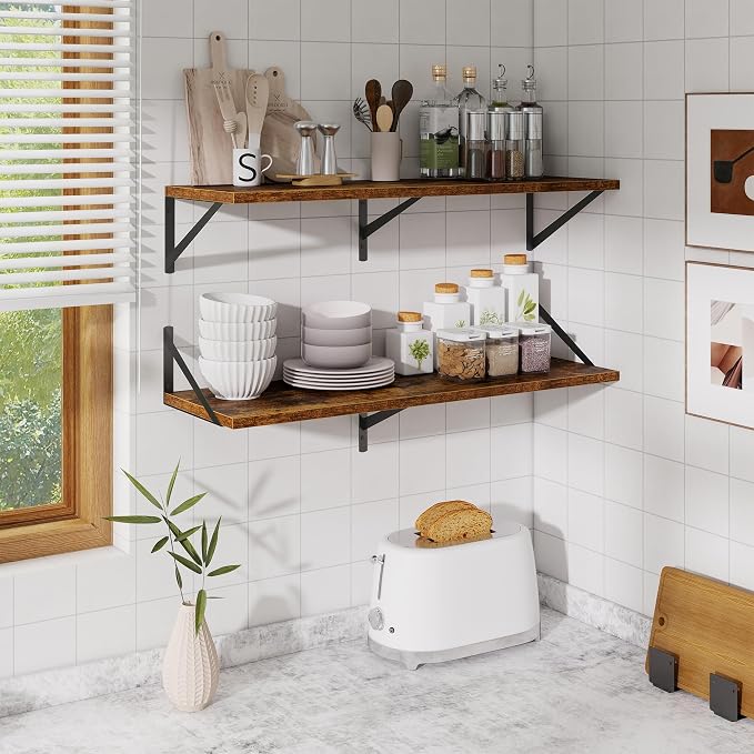 Acovy Deep Floating Shelves for Wall,36" Wx10 D Wood Wall Shelves with Metal Brackets,Hanging Storage Floating Shelf for Living Room,Bedroom,Bathroom,Office,Kitchen,Rustic Brown