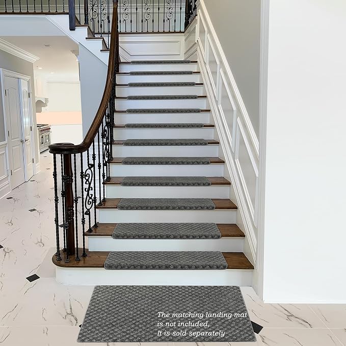 PURE ERA Bullnose Carpet Stair Treads Set Tape Free Non-Slip Indoor Stair Protectors Pet Friendly Rugs9.5" x 30"(2 Pieces,Grey Mini-Diamond Trellis)