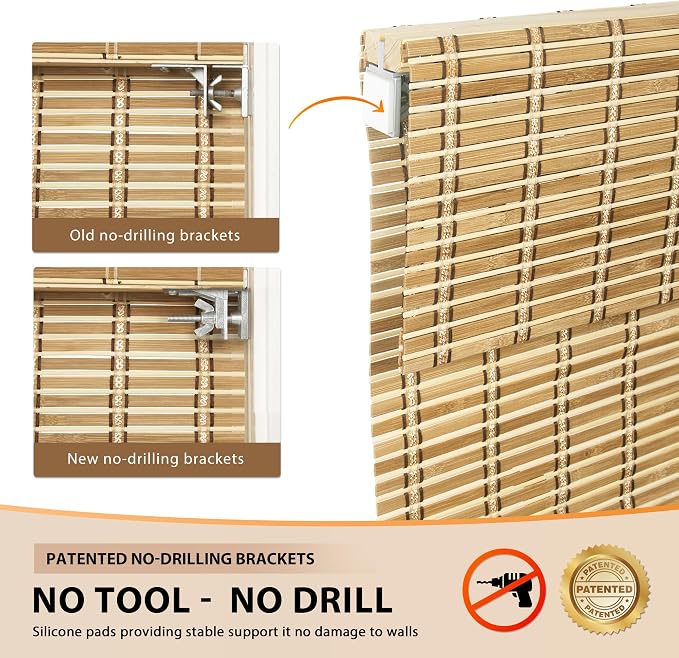 LazBlinds No Tools No Drill Cordless Bamboo Roman Shades, Light Filtering Window Treatment, Roll Up Bamboo Blinds for Windows 45'' W x 64'' H, Natural 306