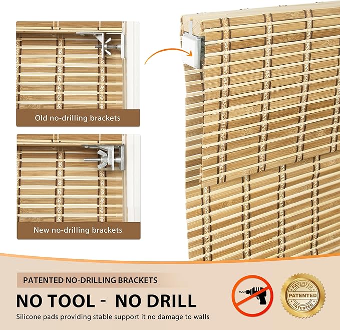 LazBlinds No Tools No Drill Cordless Bamboo Roman Shades, Light Filtering Window Treatment, Roll Up Bamboo Blinds for Windows 36'' W x 64'' H, Natural 306