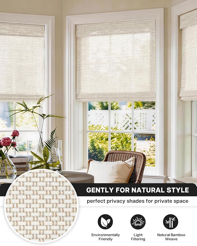 LazBlinds No Drill Cordless Bamboo Roman Shades, Light Filtering Blinds for Indoor Windows, Roll Up Bamboo Blinds for Home, 28" W x 64" H, Star-Off White