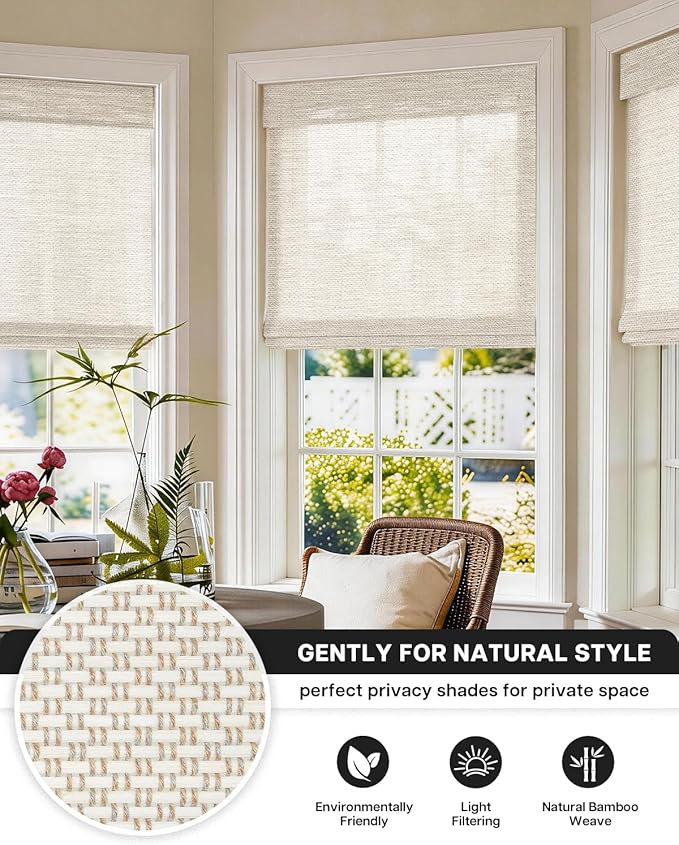 LazBlinds No Drill Cordless Bamboo Roman Shades, Light Filtering Blinds for Indoor Windows, Roll Up Bamboo Blinds for Home, 27" W x 64" H, Star-Off White