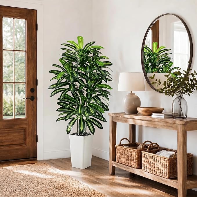 Artificial Dracaena Tree - 5FT Tall Fake Plants with White Tall Planter - Artificial Plants Indoor Floor Plant in Pot - Large Tropical Fake Yucca Potted Tree for Home Office Living Room Decor