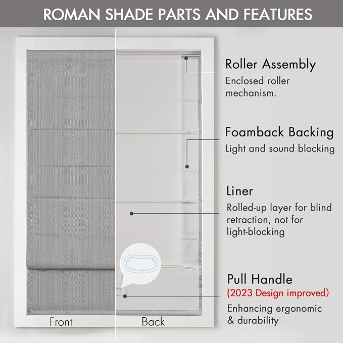Madison Park Galen Cordless Roman Shade, 33"W x 64"H, Sheen Grey – Room Darkening, Thermal Insulated, Energy Efficient Window Blind with Subtle Sheen Basketweave Fabric for Privacy
