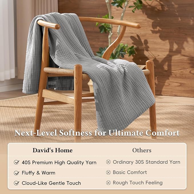 David's Home 100% Natural Cotton Muslin Blanket King Size, 4-Layer Soft Breathable Lightweight Cozy Throw Guaze for Hot Sleepers, 3D Bubble Room Decor for Bed Couch, Giftable, Dark Grey, 108"x90"